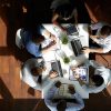 Birds eye view of business people sitting around a table having a meeting