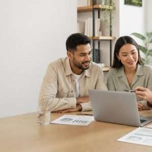 Finance professional reviewing financial information with Gen Z and Millennial borrowers